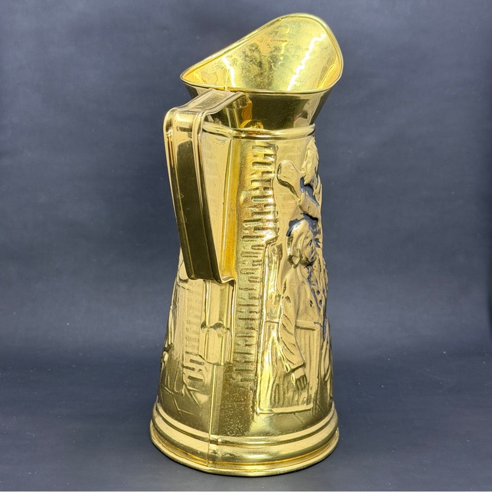 Vintage Brass Metal Tin Pitcher Embossed Pub Scene Made in England 9” Decor - Picture 4 of 9